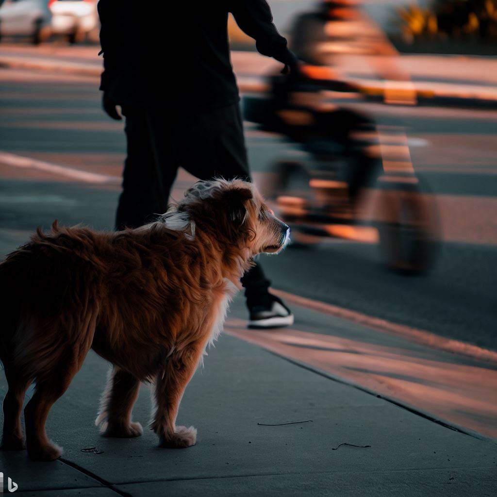 Dog helped by Treat 2 Treat remains calm during a walk while a bicycle rides by.